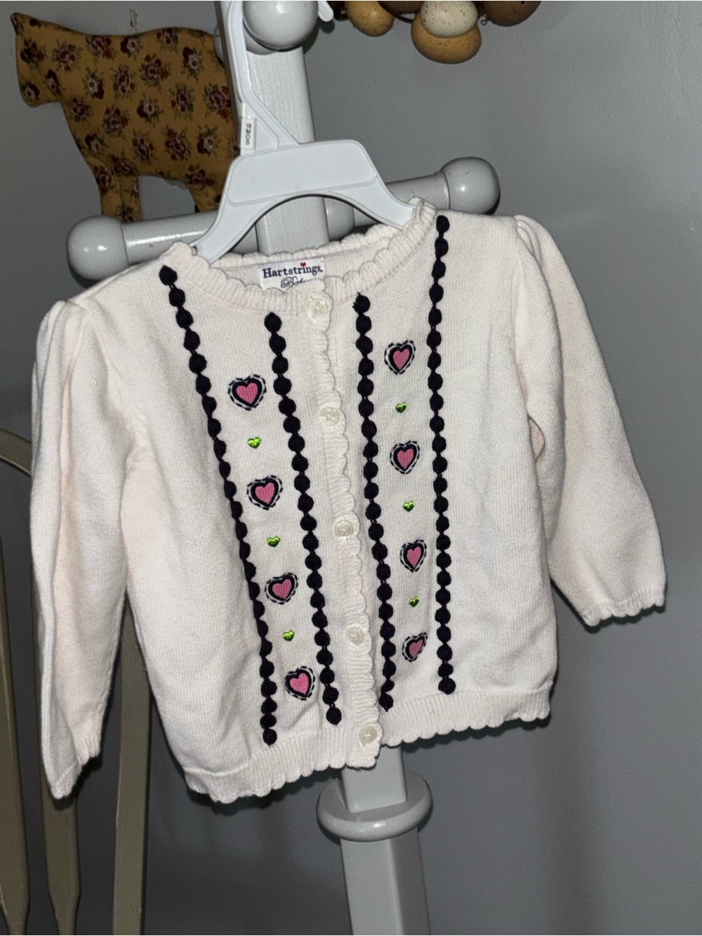 Hartstrings 18 mos Cream Cardigan with Pink Heart and Navy Trim